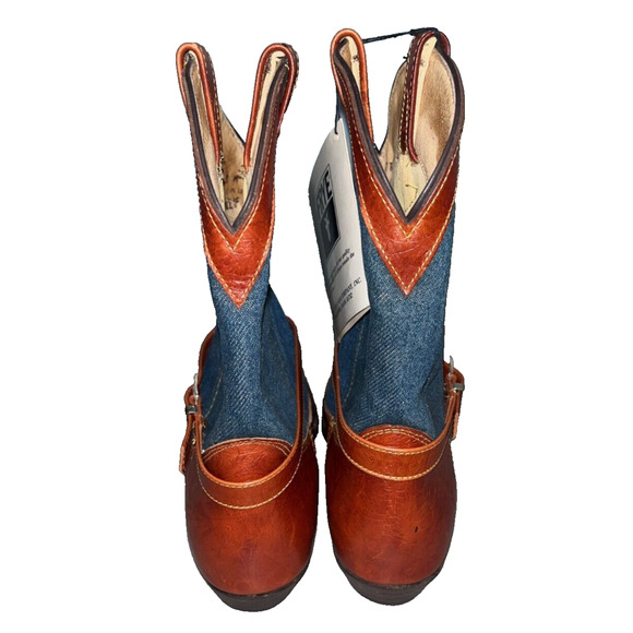 Frye Cowboy Boots Denim Brown Leather Silver Buckles Vintage Sz 8 RARE Deadstock - Picture 7 of 13